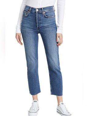 Re/Done Women's 70s Stove Pipe Blue Denim Jeans in True Indigo Size 28